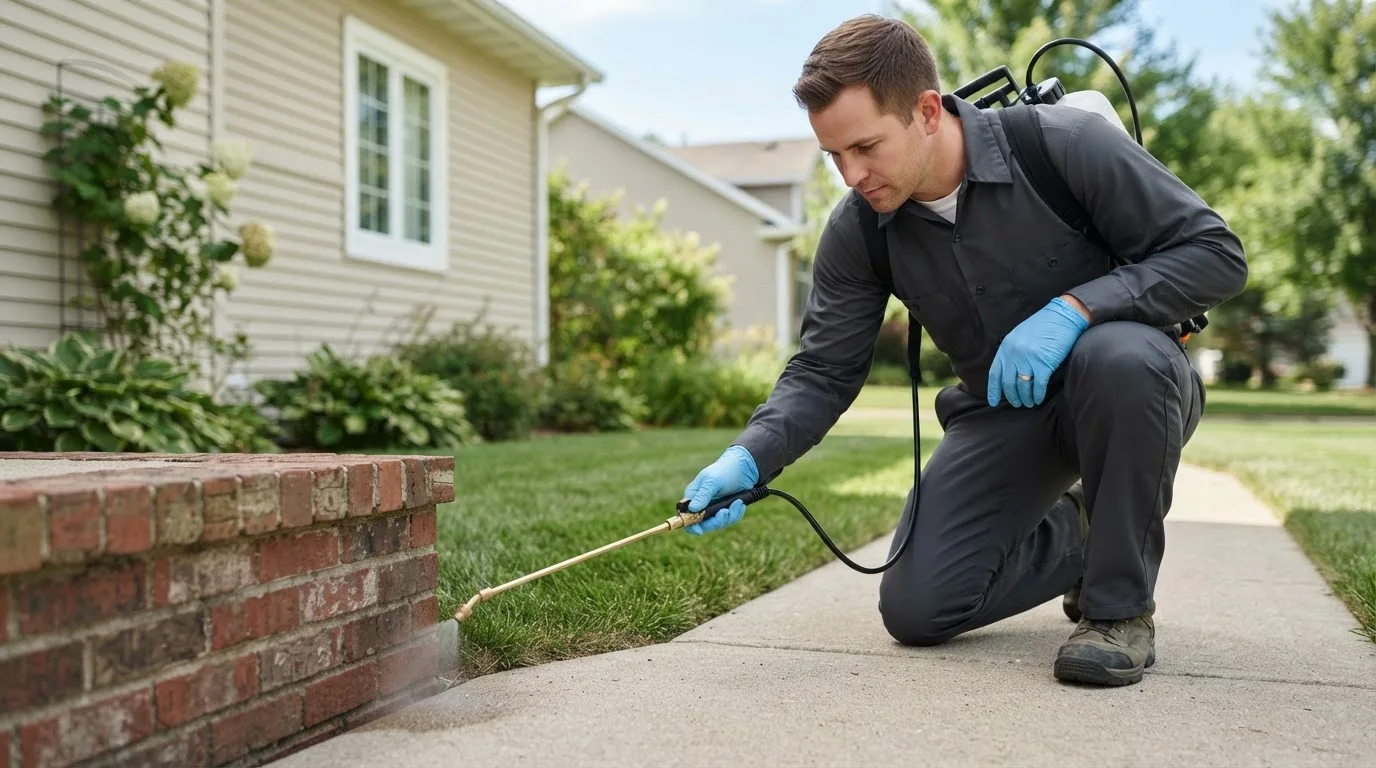 Pest control technician treating a home near Comfort, TX